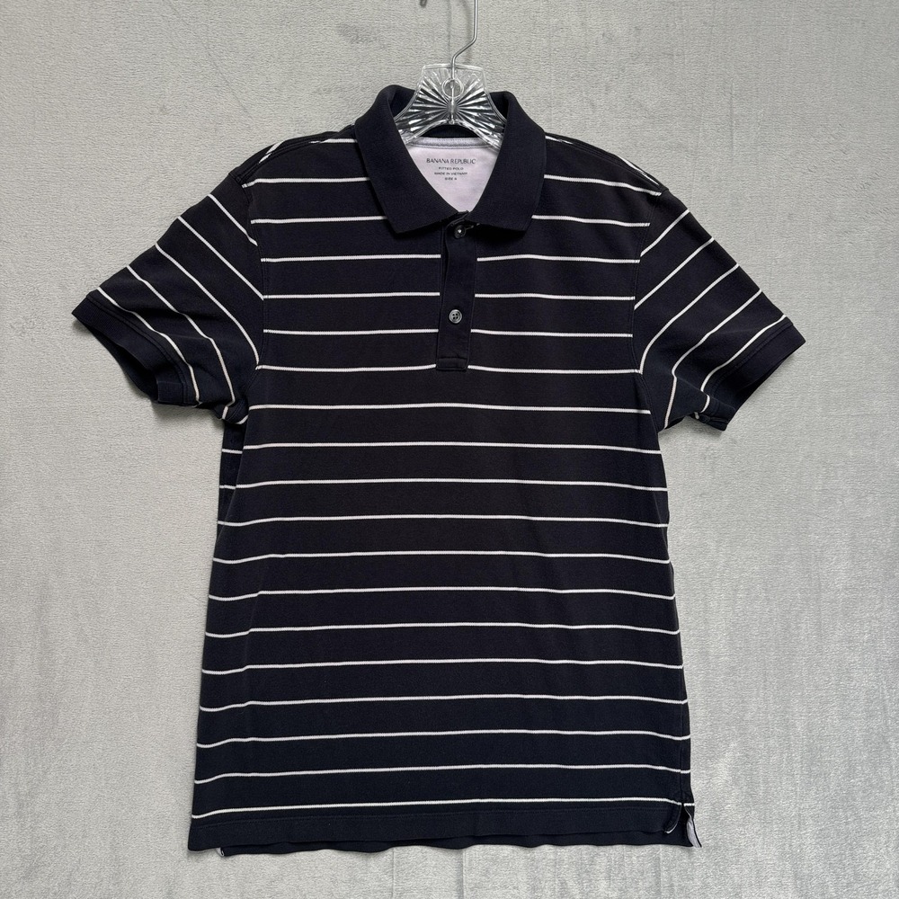 Banana Republic Fitted Polo Shirt Mens Small‎ Blue Striped Stretch Tagless